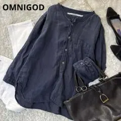 美品　OMNIGOD オムニゴット バンドカラーリネンギャザーシャツ　ネイビー