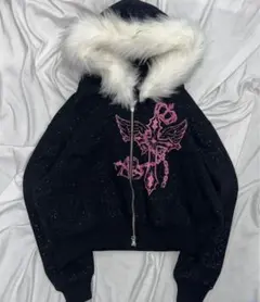 9090girl Logo glitter Fur Zip Hoodie最安値
