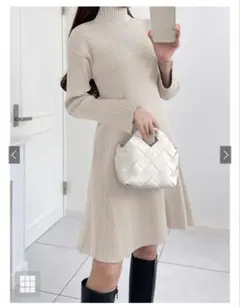 ワイドスリーブフレアニットワンピース[rut965]　Sサイズ　オフベージュ