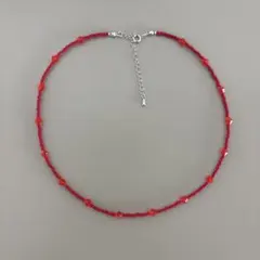 handmade 赤 レッド ボタンカット ビーズ ネックレス