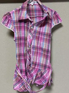 【130cm】Pink Beans チェック柄 チュニック シャツ ピンク