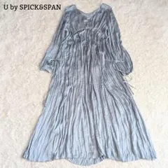 スピックアンドスパン プリーツロングワンピース ギャザリング リボン F 水色