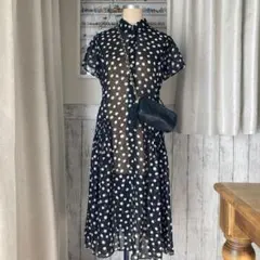 濃紺×白　水玉ドットフロッキー膝下ワンピースシースルー　透け感シフォン