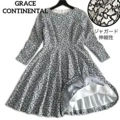 極美品★ グレースコンチネンタル　花柄　ジャガード　フレアワンピース 白黒　伸縮