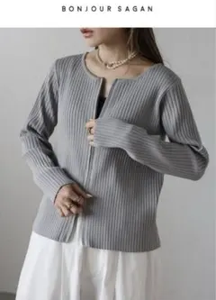 BONJOUR SAGAN Wジップノーカラーリブカーデ