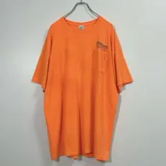 ヴィンテージ・ポケットTシャツ 企業ロゴ 建築 ネオンオレンジ 蛍光 2XL