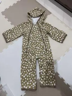 新品未使用タグ付き カーキ色ドットフード付きロンパース 厚手 80cm