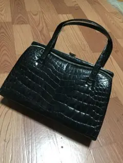 希少 レトロ クロコダイル レザー 鰐革 ハンド バッグ ブラック ヴィンテージ