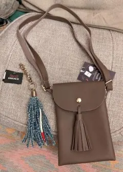 ポシェット♠ブラウン/ベージュ系♠優しい色合い♪♦タッセルチャーム♦青色デニム紐