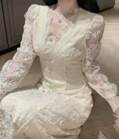 長袖 レース ロング丈 ワンピース ドレス ナイトワーク ナイトドレス