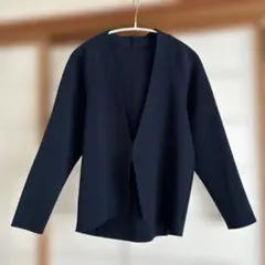 ネイビー 長袖カーディガン フロント留め具付き