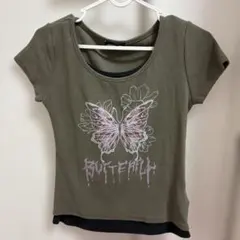 蝶々プリント 重ね着風 半袖 Tシャツ カーキのサムネイル