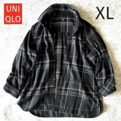 美品ユニクロメンズブルーブラックスマートマドラスチェックフランネルシャツ　XL