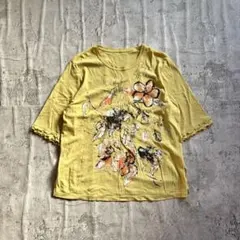 花柄Tシャツ カットソー イエロー 袖フリル プリント 日本製 コットン100
