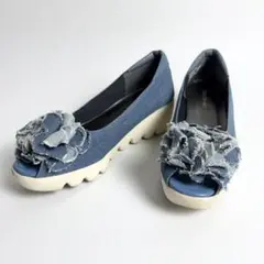 HILLS AVENUE パンプス ウェーブソール デニム オープントゥ 花