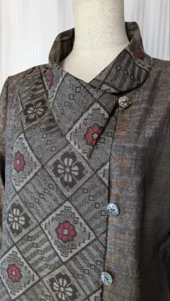 No238 大島紬着物リメイク 本場大島紬龍郷と９マルキ茶泥大島紬２種使いワンピ