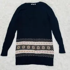 ユニクロ　ブラック　ノルディック柄 長袖　ニットワンピース　【L】　レディース