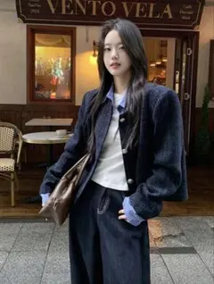 韓国風2wayアウター　エレガント 長袖　レディース冬春　ツイードジャケット M