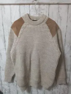 ハイランド　イギリス製　ベージュ ニット肉厚セーター Lサイズ 牛スエードパッチ
