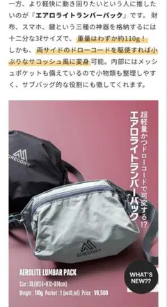 正規品★新品タグ付★GREGORY★エアロライトランバーパック★ボディバッグ