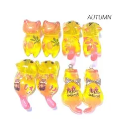 秋っぽい猫ちゃん ハンドメイドレジンパーツ❤︎8個セット 紅葉 椛ドングリキノコ