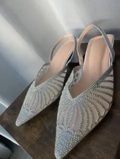 シルバー ビジュー装飾 スリングバックパンプス