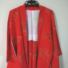 朱色 花柄 羽織　昭和レトロ
