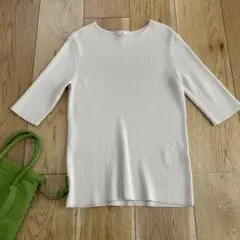 イエナ　ホワイトベージュリブ五分袖Tシャツ