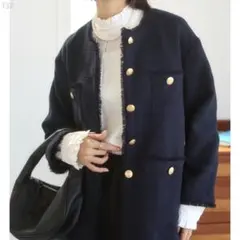 美品【ANGIE】ノーカラーツイードジャケット 羽織り 上品 金ボタン フリンジ