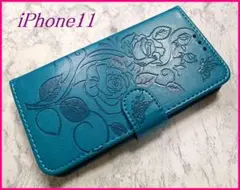 iPhone11 用 スマホケース 手帳型 薔薇 蝶 リーフ ブルー 青色