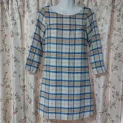 チェック柄七分袖ワンピース 冬ワンピース