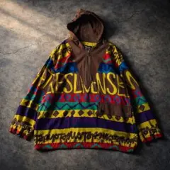 【90s日本製】アート　総柄　ハーフジップ　レーヨン　フーデッドプルオーバー