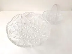 【未使用】クリスタル調 ガラス食器セット サラダボウル & 持ち手付き薬味入れ