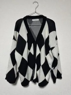 【美品】メッシュ編みカーディガン 黒白ダイヤモンド柄 L-XL