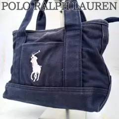 ポロラルフローレン ミニトートバッグ 刺繍ロゴ キャンバス ネイビー
