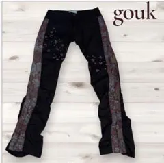 gouk 花柄プリント ブラックデニムパンツ 和柄　桜　クシュクシュ　脇切替のサムネイル