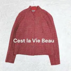 セラビボー スタンドカラーツイードジャケット M レッド 襟シフォン ラメ 上品