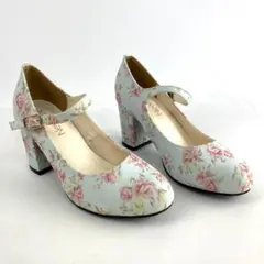 新品 痛くない ストラップ 太ヒールパンプス 23.5cm 花柄
