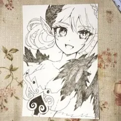 手描きイラスト 原画 エルフ風 女の子 モノクロ アナログイラスト