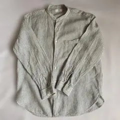 ①ユニクロ リネンシャツ ストライプ 麻 メンズ Lバンドカラー