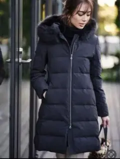 PLST ファー付きフード ロングダウンジャケット 黒