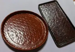 伝統工芸品 籃胎漆器（らんたいしっき） お盆 2点セット 丸盆・長方盆