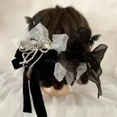 A.175＊シルバーリボン×蝶々×ブラックリボンの髪飾り＊結婚式 成人式 卒業式
