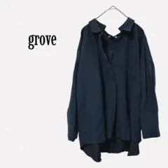 グローブ【M】スキッパーシャツ 長袖チュニック バックリボン ネイビー ゆったり