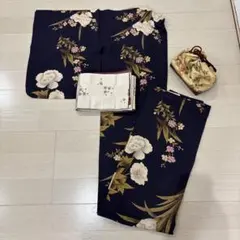 こむさでもーど　紺色 花柄 浴衣・帯・巾着セット