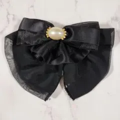 リボン バレッタ ブラック パール 髪飾り 髪留 フリル 黒 ヘアクリップ