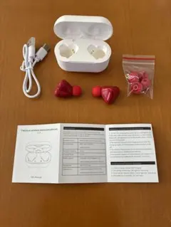 【ハート型イヤホン】TWS EDR ワイヤレスイヤホン レッド 充電ケース付き