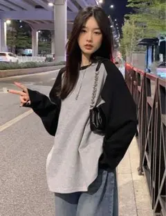 グレー/ブラック ラグランスリーブ 長袖トップス