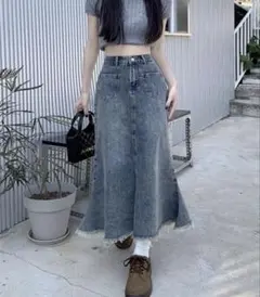 デニム フレアスカート ロング丈 フリンジ裾