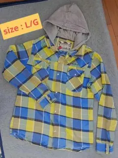 フード付き 青＆黄 チェック柄シャツ メンズ L/G 前開きボタン
